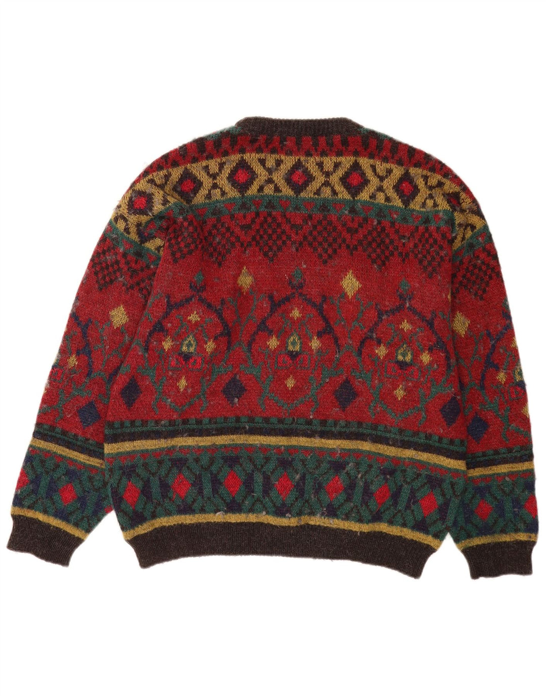 Vintage męski sweter z dekoltem w łódkę, duży, czerwony, geometryczny wełniany