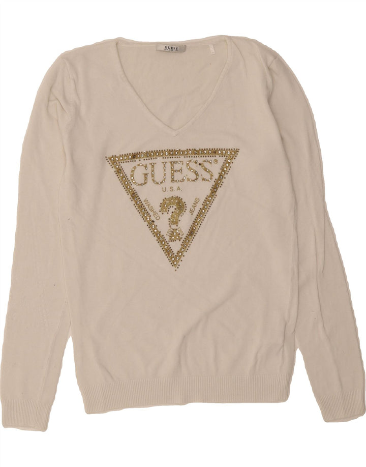 GUESS Womens Graphic V-Neck Jumper Sweater UK 12 Medium Off White Vintage Guess and Second-Hand Guess from Messina Hembry 