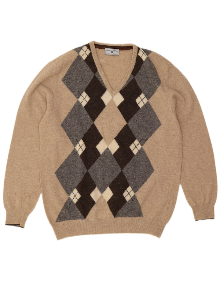 Sweter męski Melaverde z dekoltem w kształcie litery V, 2XL, beżowy Argyle/diamentowa wełna