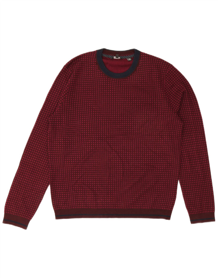 Męski sweter Ted Baker z okrągłym dekoltem, rozmiar 5 XL, wełniany w bordową kratkę