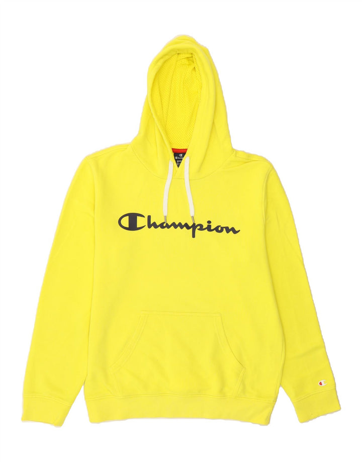 CHAMPION Mens Graphic Hoodie Jumper Medium Yellow Cotton Vintage Champion and Second-Hand Champion from Messina Hembry 