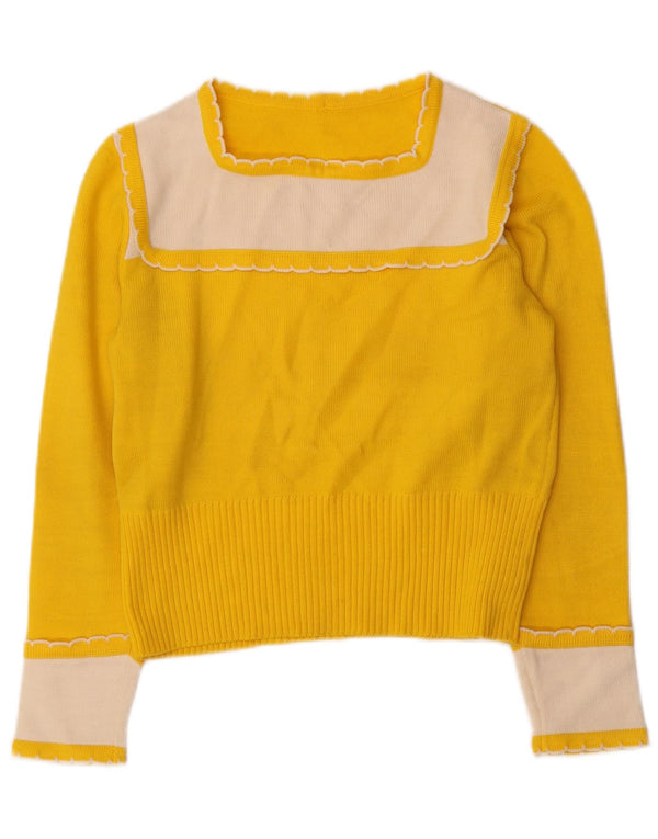 Sweter damski w stylu vintage, z dekoltem w łódkę, UK 10, mały, żółty, z blokami kolorów