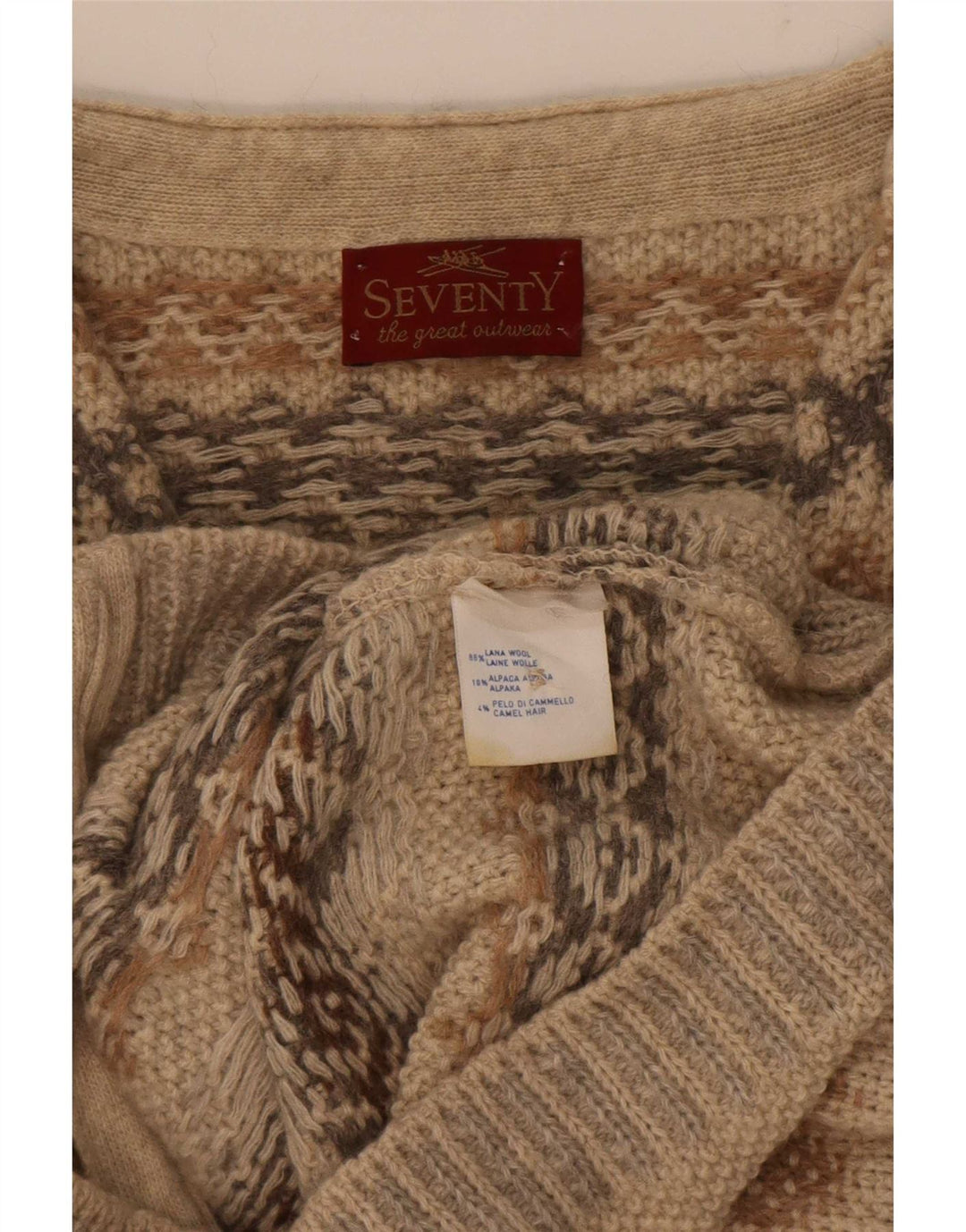 Sweter męski bez rękawów Seventy, duży, beżowy, geometryczny, wełniany