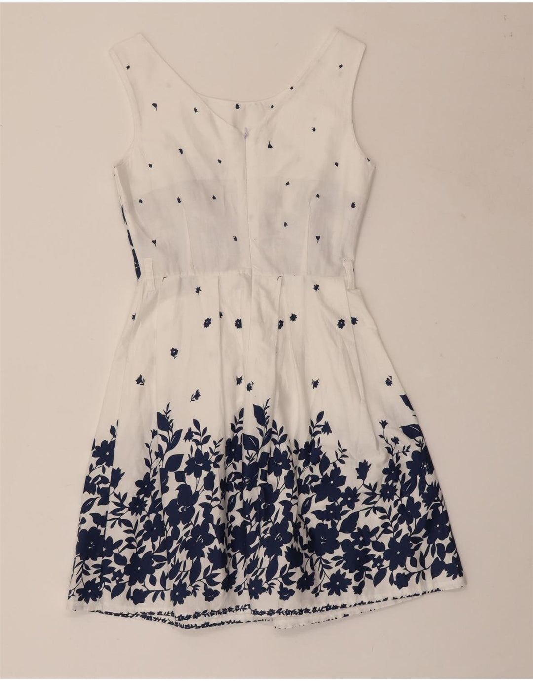VINTAGE Damska sukienka o linii A bez rękawów UK 8 Mała biała bawełniana w kwiaty