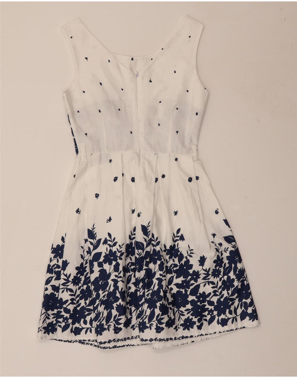 VINTAGE Womens Sleeveless A-Line Dress UK 8 Small White Floral Cotton