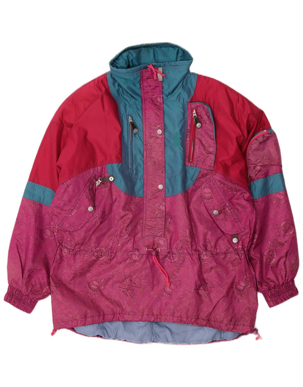 Vintage damska kurtka narciarska oversize z pulowerem UK 16, duża, różowa, z blokami kolorów