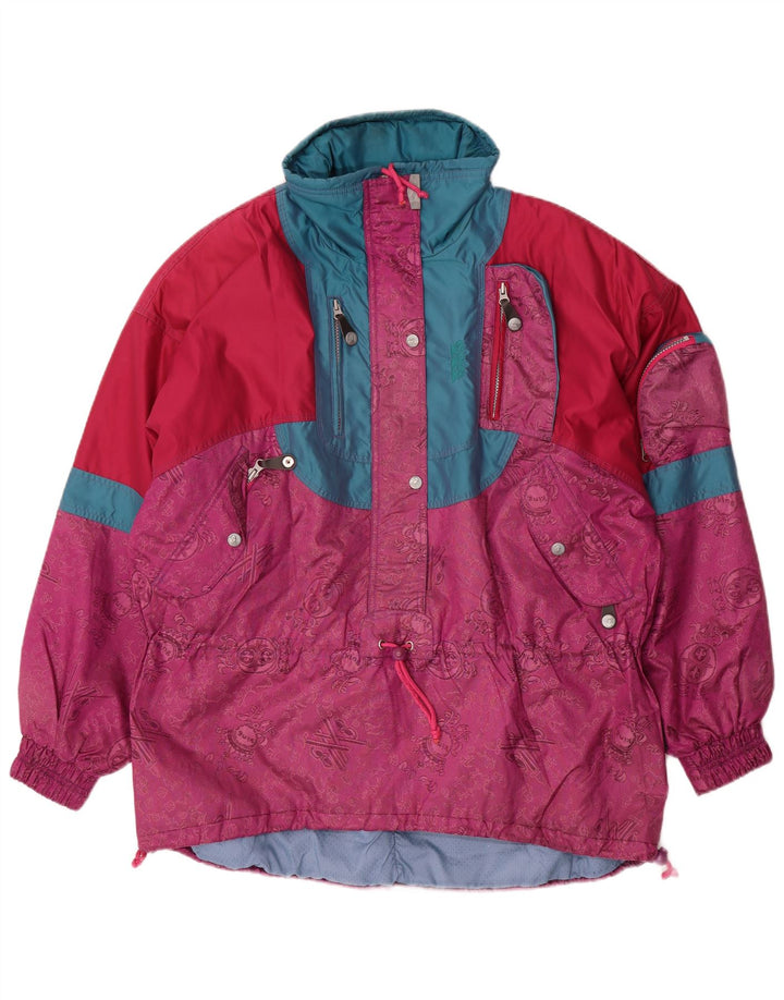 Vintage damska kurtka narciarska oversize z pulowerem UK 16, duża, różowa, z blokami kolorów