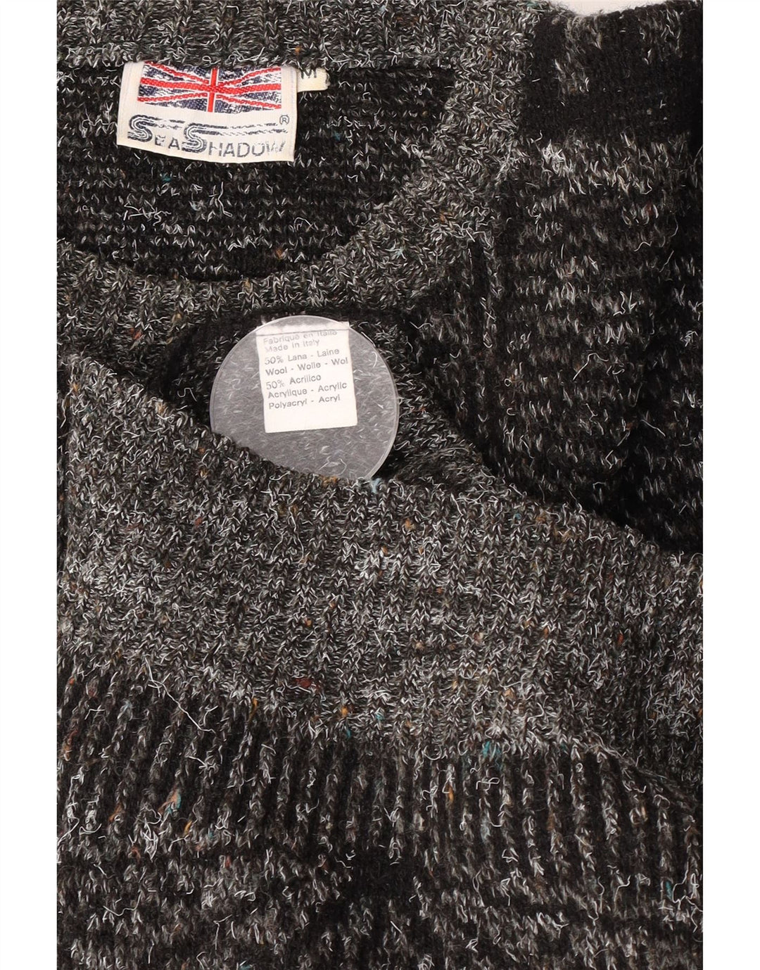 Vintage męski sweter z dekoltem w łódkę, średnioszary, geometryczny wełniany