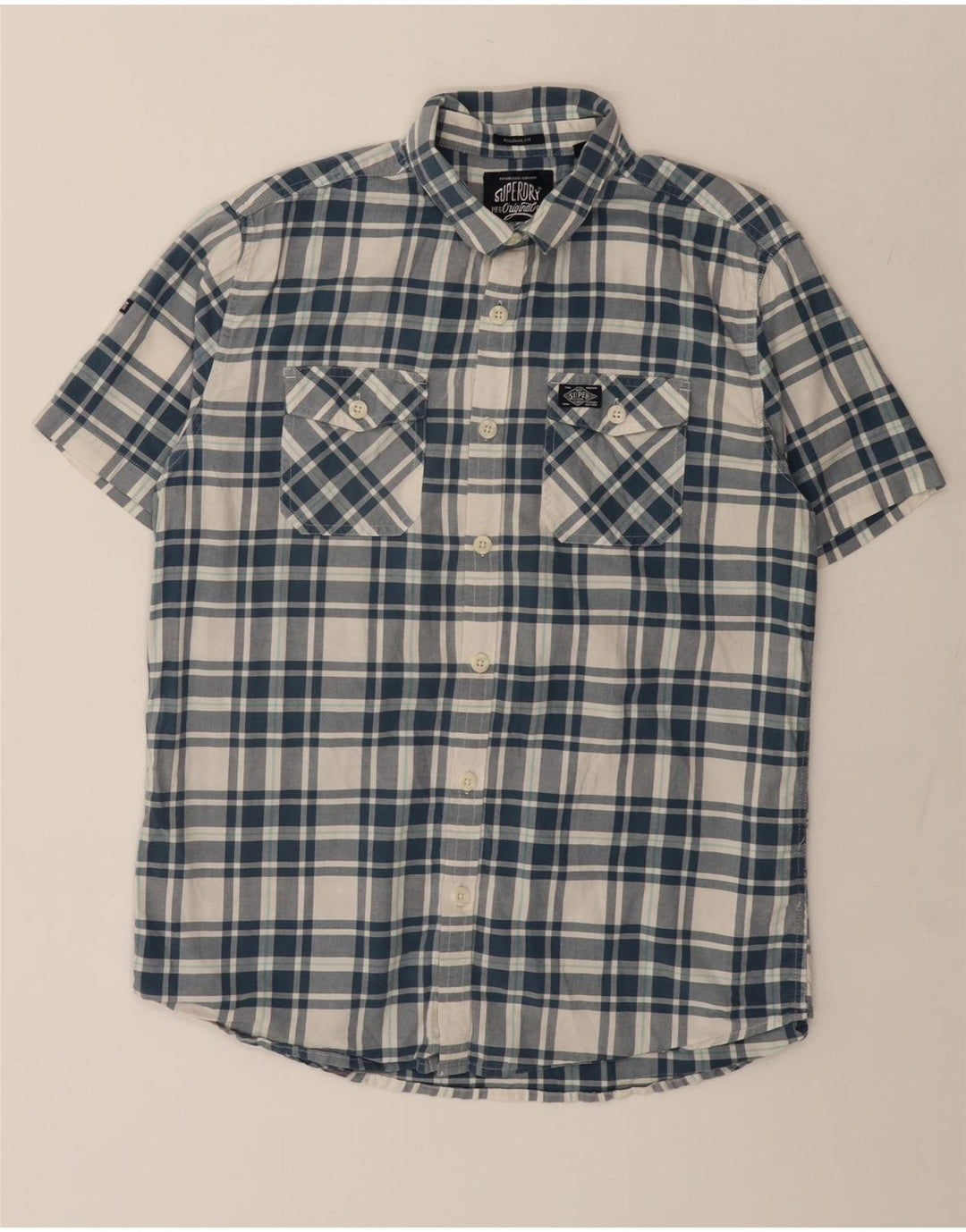 Męska koszula z krótkim rękawem Superdry XL, niebieska, bawełniana w kratkę