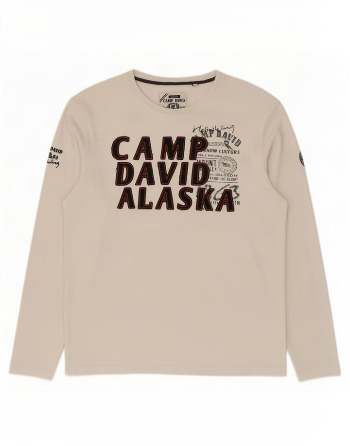 Męski top graficzny Camp David z długim rękawem XL, biały, bawełniany