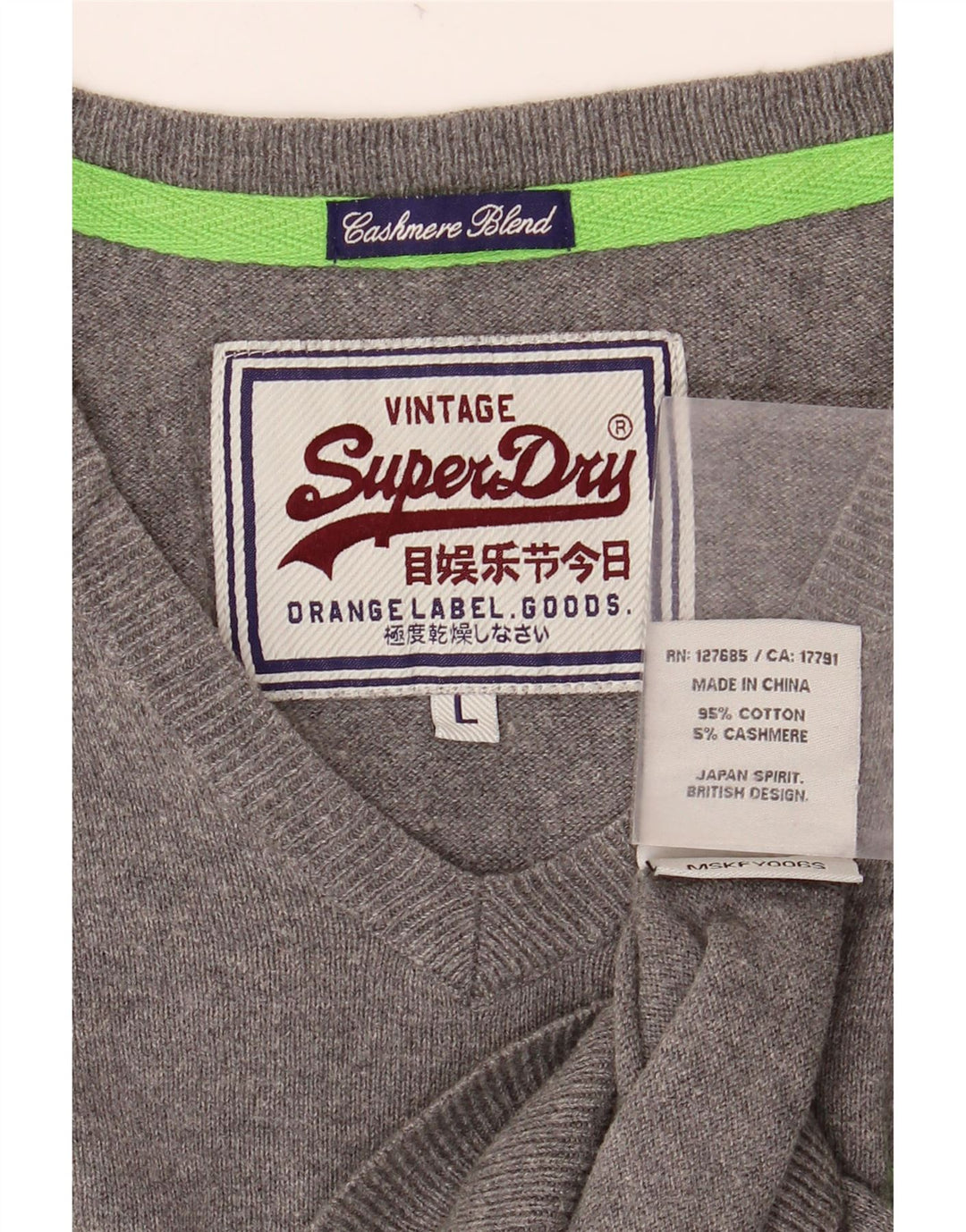 SUPERDRY Męski sweter z dekoltem w kształcie litery V, duży, szary, bawełniany