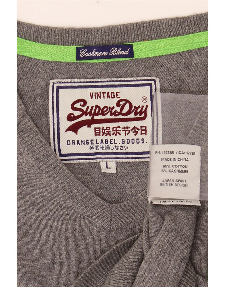 SUPERDRY Męski sweter z dekoltem w kształcie litery V, duży, szary, bawełniany