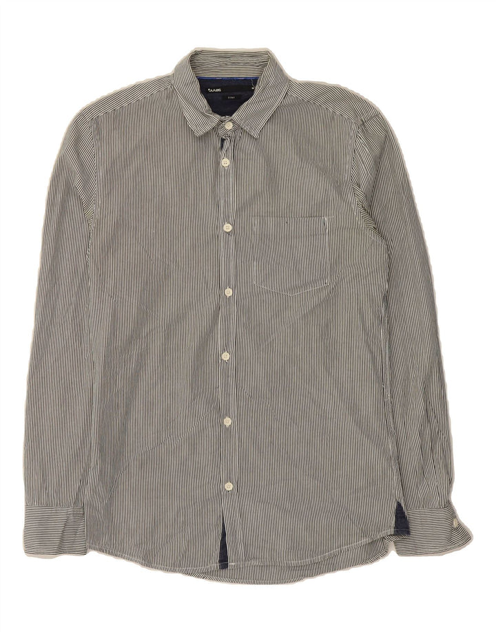 JULES Mens Fitted Shirt Medium Navy Blue Striped Cotton Vintage Jules and Second-Hand Jules from Messina Hembry 
