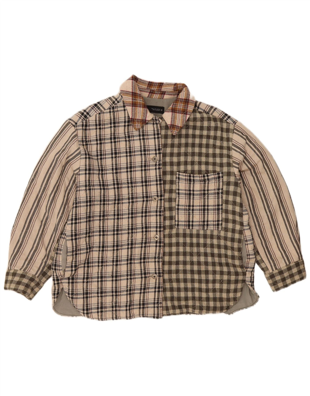 Damska koszula flanelowa Zara Lumberjack UK 16, duża, beżowa, patchworkowa, poliestrowa