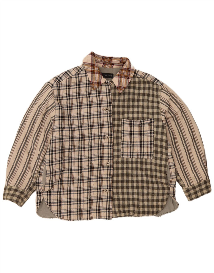Damska koszula flanelowa Zara Lumberjack UK 16, duża, beżowa, patchworkowa, poliestrowa
