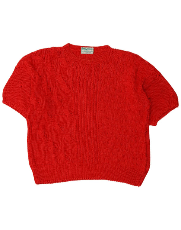 Vintage damski sweter z krótkim rękawem i okrągłym dekoltem UK 16, duży czerwony