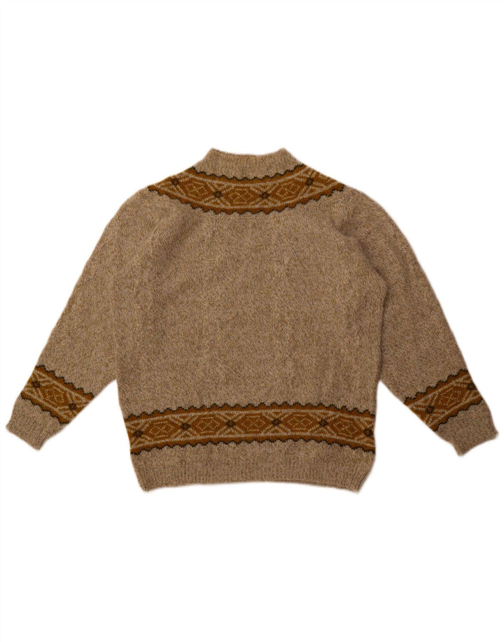 Sweter damski w stylu vintage z golfem UK 16, duży, beżowy, geometryczny, wełniany