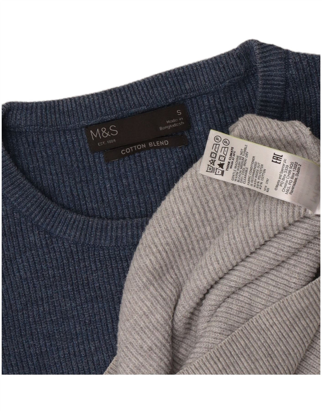 Marks & Spencer Męski sweter z okrągłym dekoltem, mały, szary, z blokami kolorów