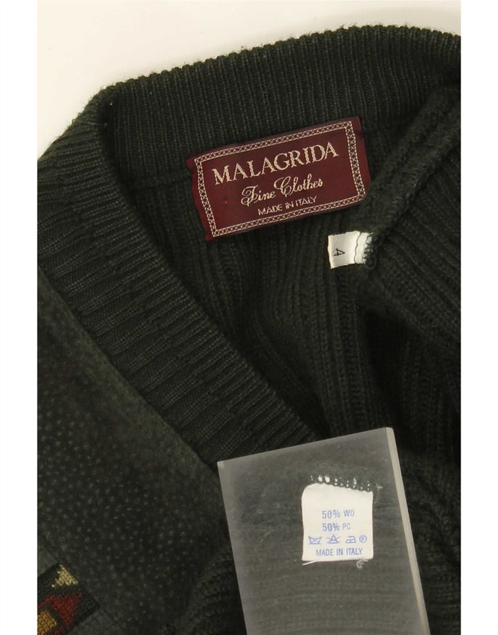 MALAGRIDA Męski sweter z dekoltem w kształcie litery V, duży, zielony, geometryczny poliakryl