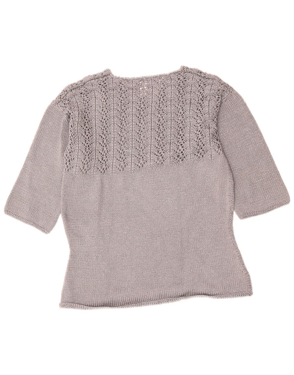 VINTAGE damski sweter z 3/4 rękawami, szydełkowanym dekoltem w szpic, UK 14, średni szary
