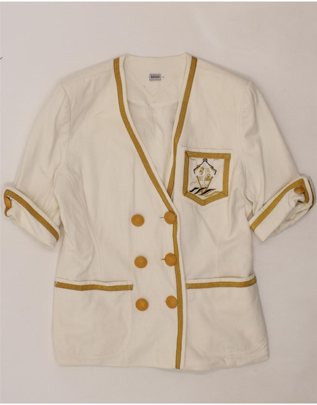 RENZO Womens Short Sleeve Double Breasted Blazer Jacket IT 44 Medium White Vintage Renzo and Second-Hand Renzo from Messina Hembry 