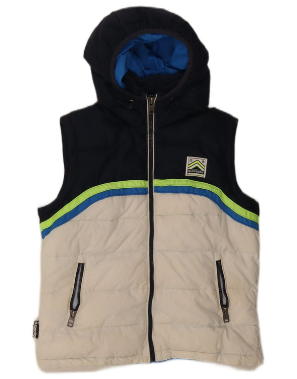 Damska wyściełana kamizelka z kapturem Superdry UK 16, duża, granatowa, z blokami kolorów
