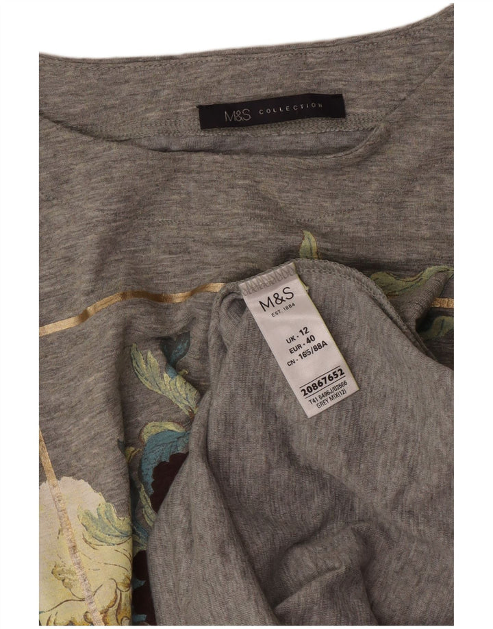 Marks & Spencer Damski top graficzny z długim rękawem, UK 12, średnio szary w kwiaty
