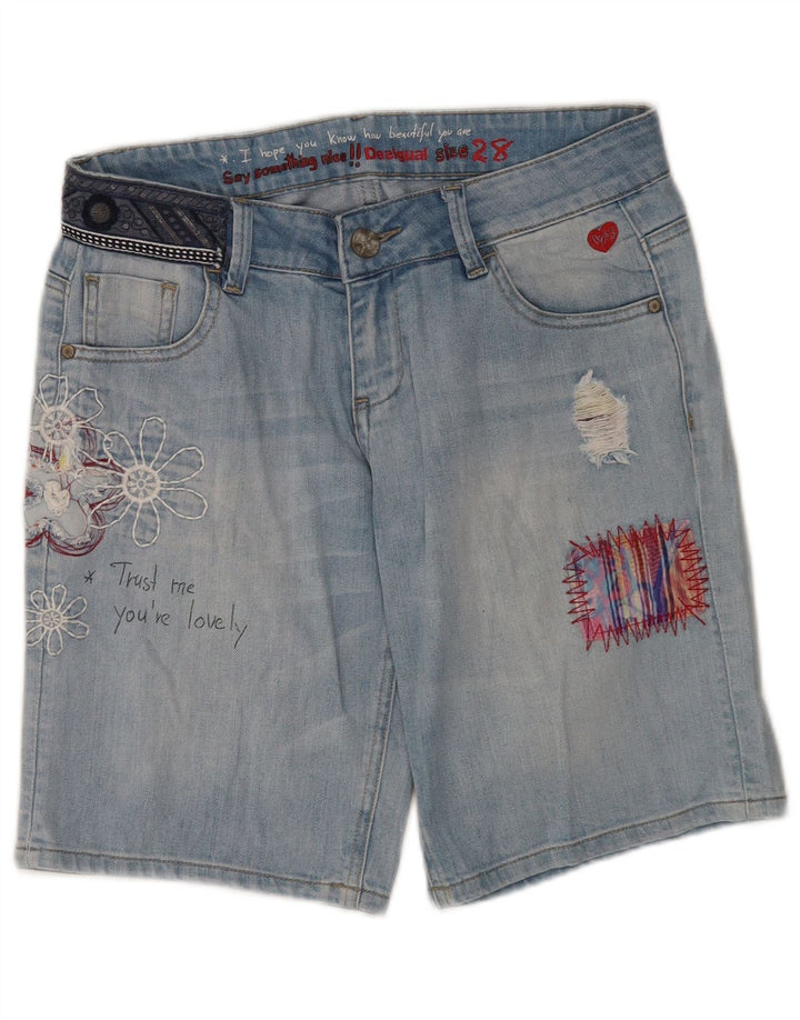 Damskie spodenki jeansowe Desigual Graphic Distressed W28 Średni niebieski w kwiaty