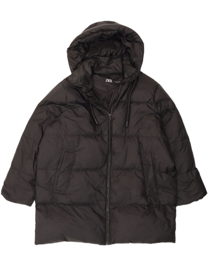 Damski, oversize'owy, ocieplany płaszcz z kapturem Zara UK 10, mały, czarny poliamid