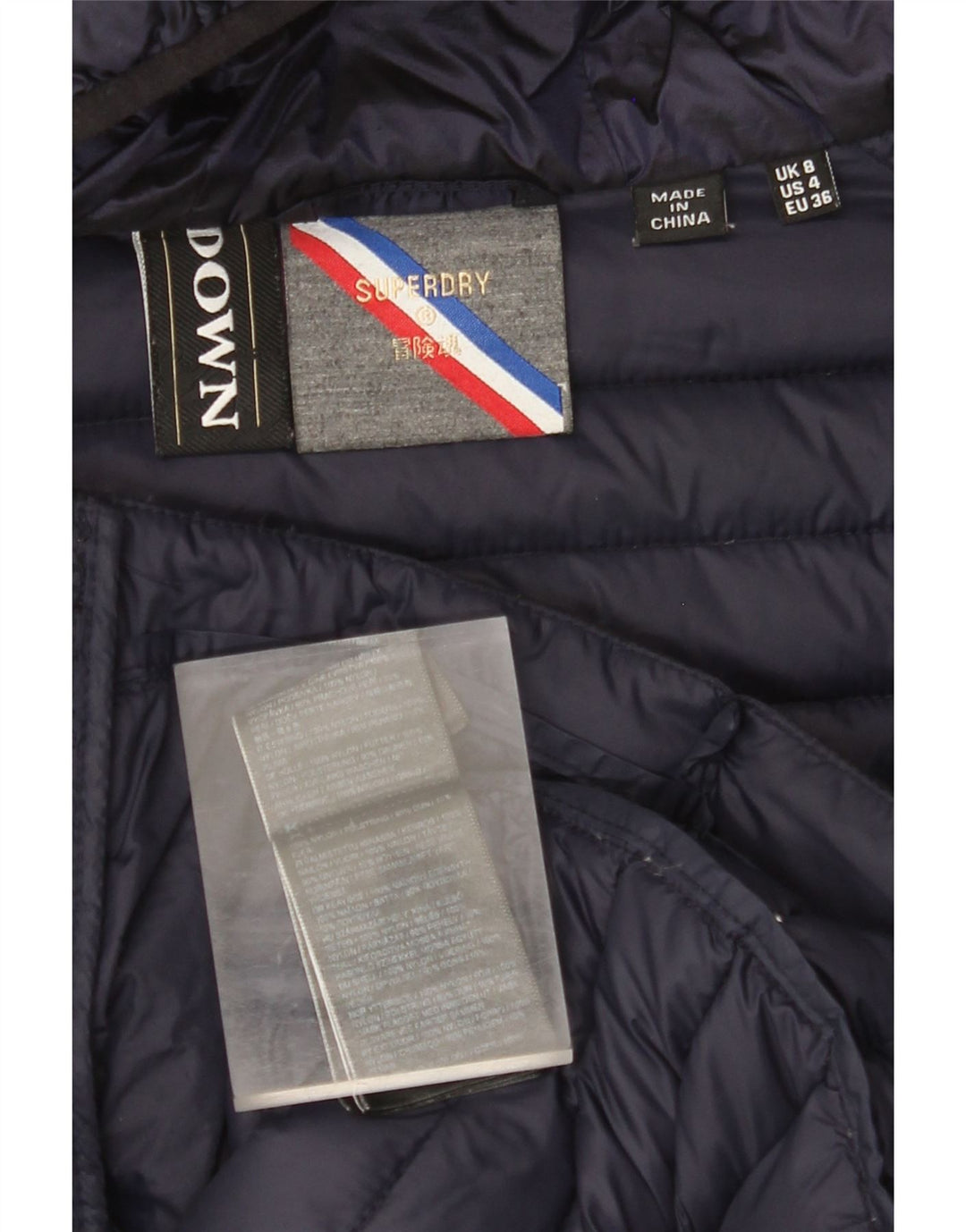 Damska ocieplana kurtka SUPERDRY z kapturem UK 8, mała, granatowa, nylonowa