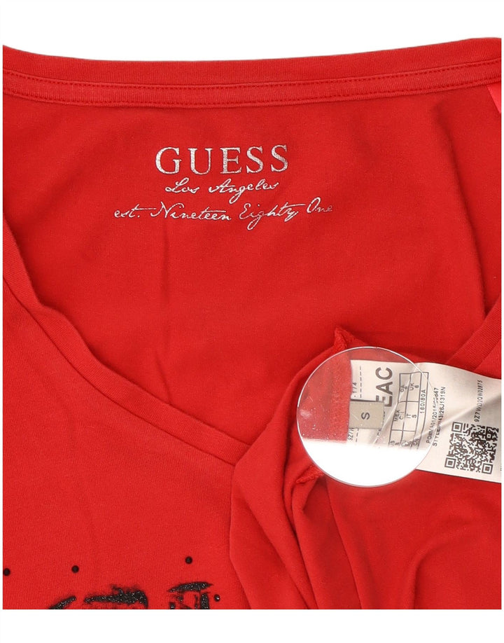 Guess Damski top graficzny z długim rękawem, UK 8, mały, czerwony, bawełniany