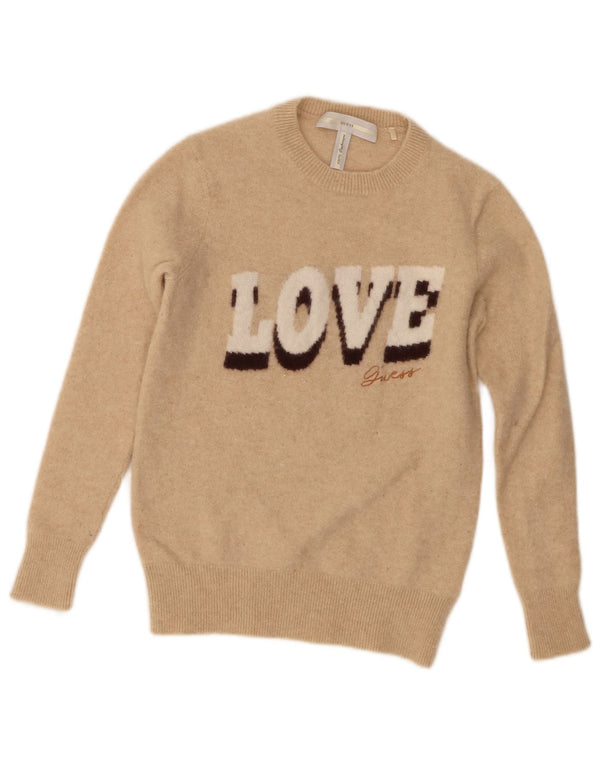 Damski sweter Guess z graficznym wycięciem pod szyją UK 4 XS, beżowy, kaszmirowy