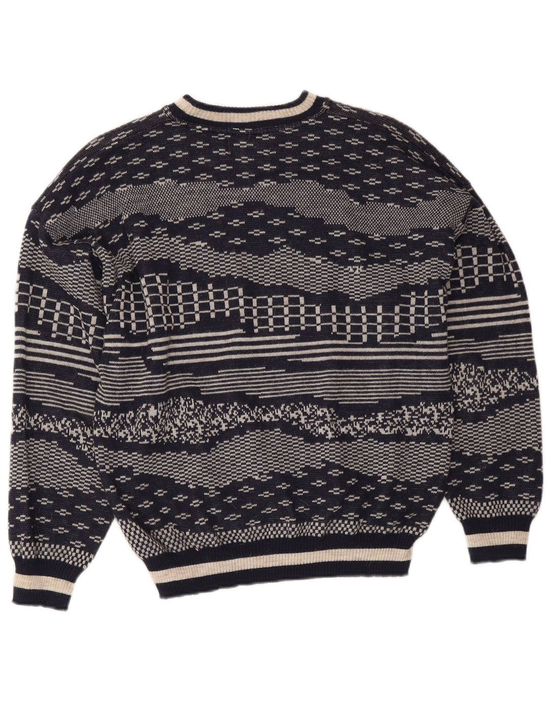Vintage męski sweter z okrągłym dekoltem, średni granatowy, geometryczny wełniany