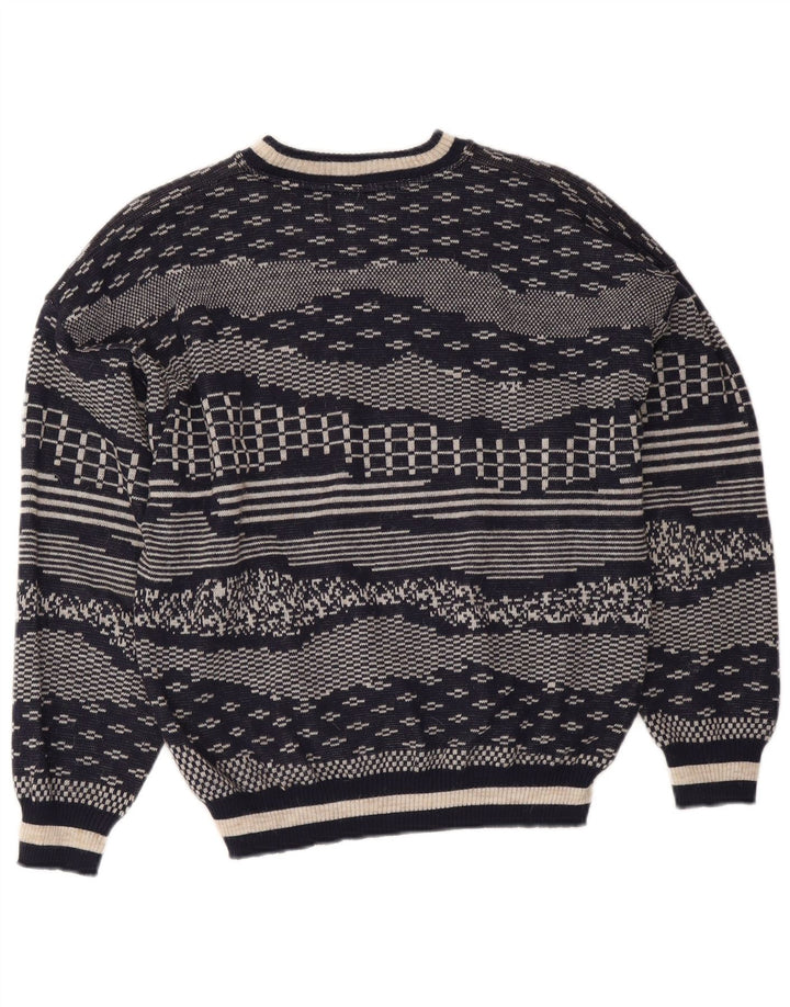 Vintage męski sweter z okrągłym dekoltem, średni granatowy, geometryczny wełniany
