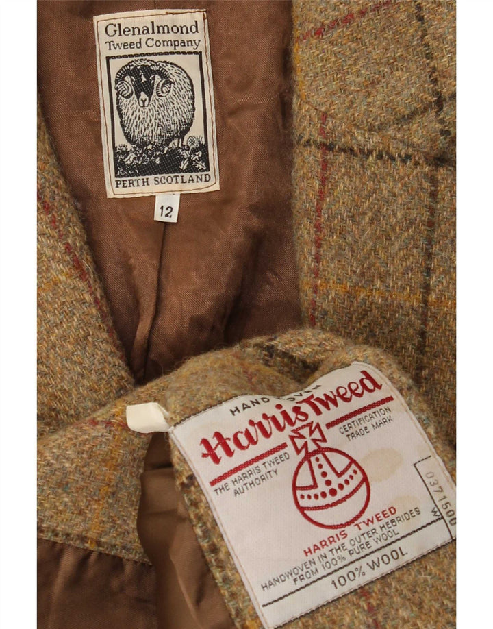 Damska marynarka Harris Tweed zapinana na 3 guziki UK 12, średnia brązowa wełna w kratkę