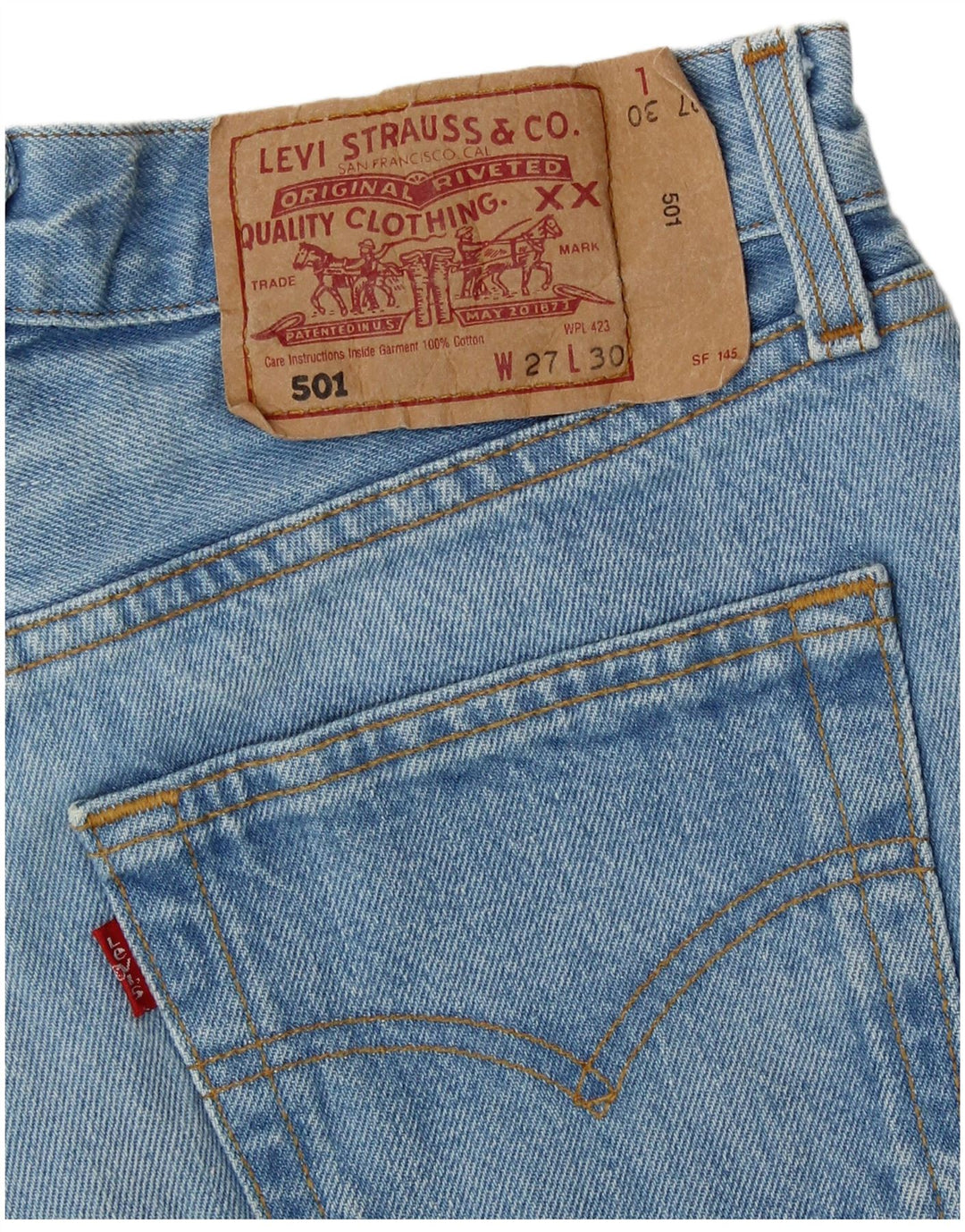 Damskie spodenki jeansowe LEVI'S 501 W27 w małe niebieskie paski, klasyczne