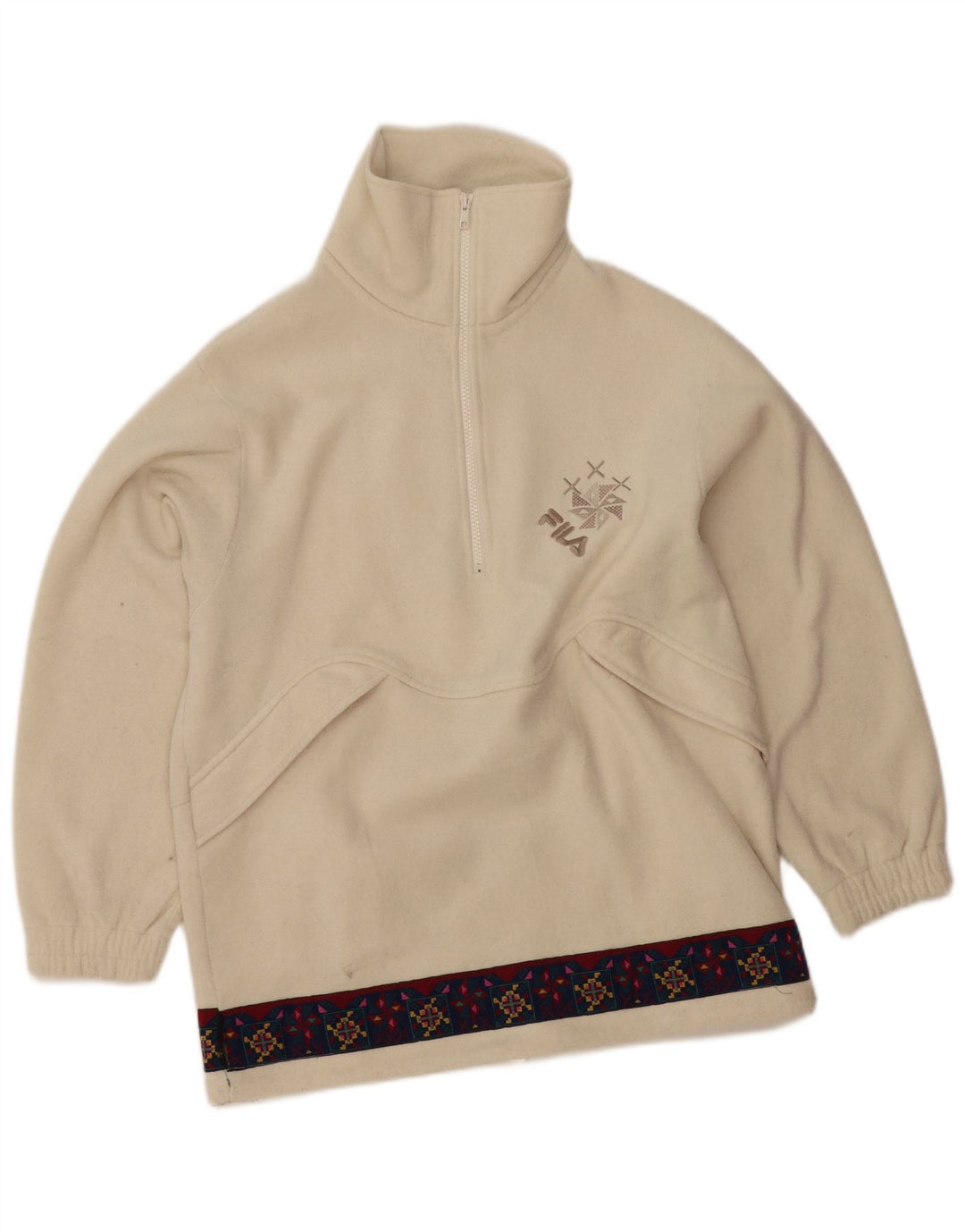 Damski sweter polarowy FILA z graficznym zamkiem błyskawicznym IT 46, duży, w kolorze złamanej bieli, geometryczny