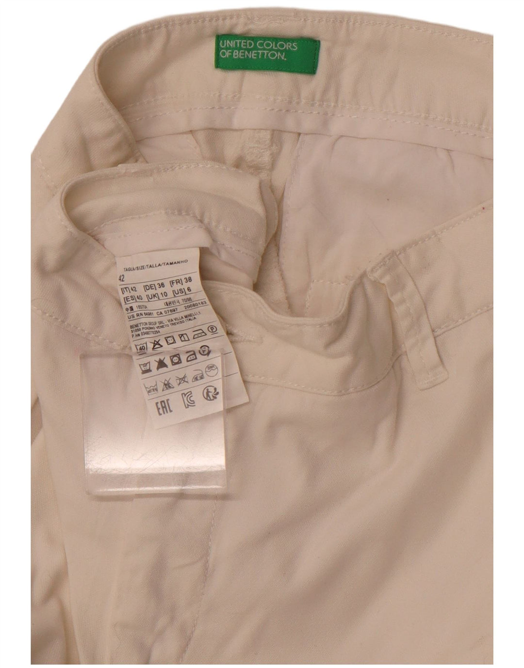 Spodnie damskie BENETTON Straight Chino UK 10 Small W28 L28 Biała bawełna