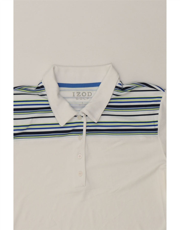IZOD Womens Polo Shirt UK 16 Large White Striped Polyester Vintage Izod and Second-Hand Izod from Messina Hembry 