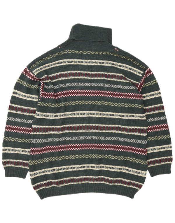Vintage męski sweter z golfem, duży zielony Fair Isle