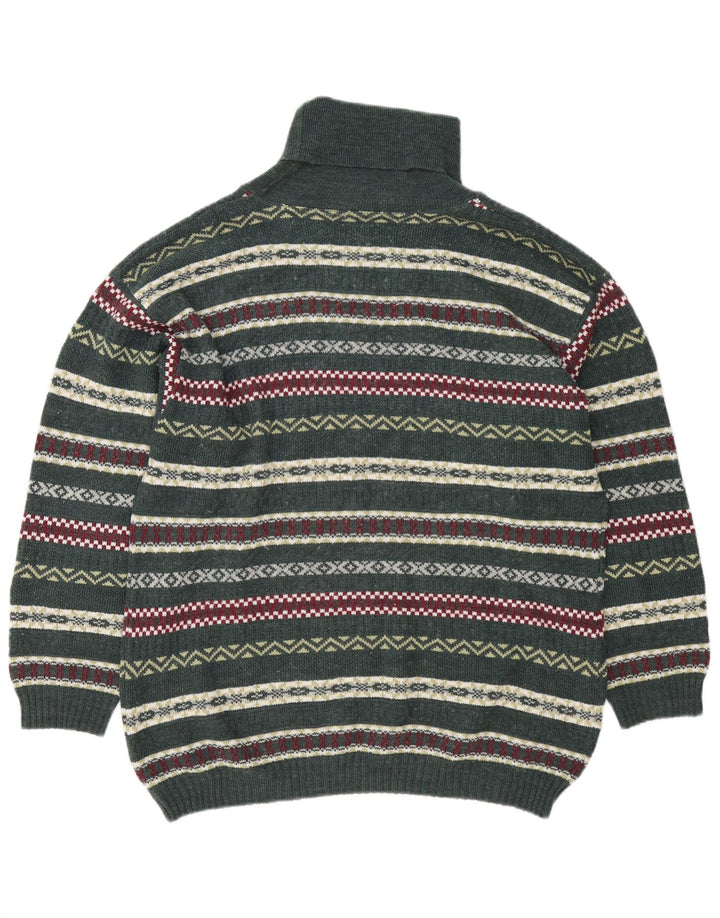 Vintage męski sweter z golfem, duży zielony Fair Isle