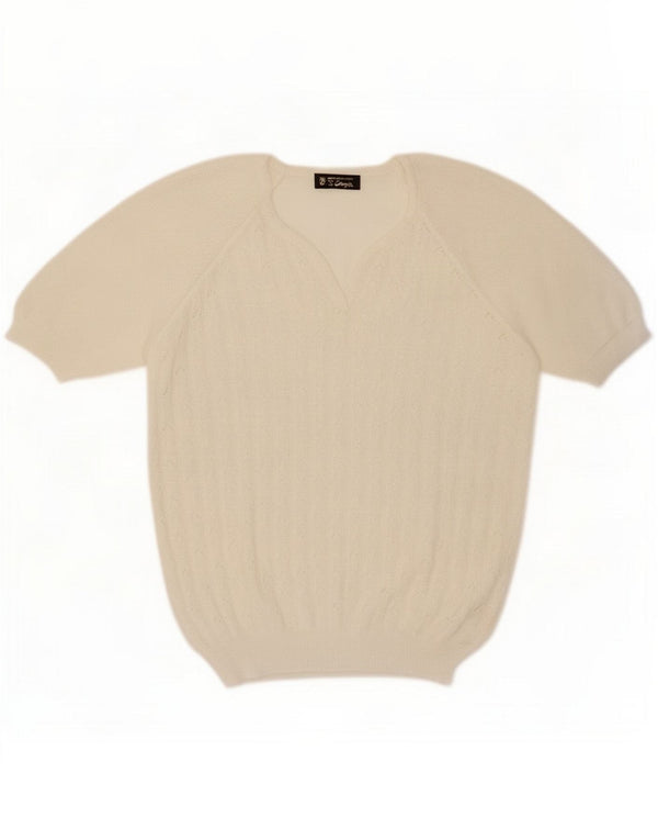 Vintage damski sweter z krótkim rękawem i dekoltem w kształcie litery V, UK 16, duży, biały, bawełniany