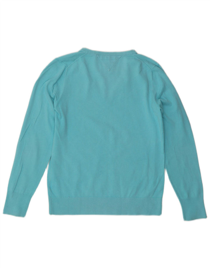 Damski sweter TOMMY HILFIGER z dekoltem w kształcie litery V, UK 14, duży, niebieski, bawełniany