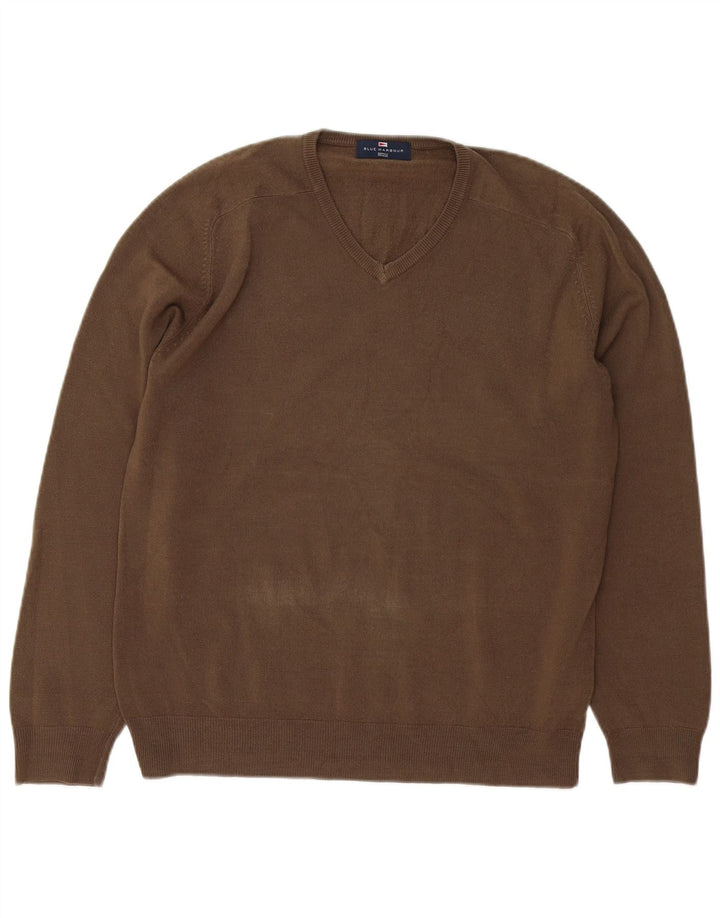 Męski sweter Marks & Spencer Blue Harbor z dekoltem w kształcie litery V, średni brąz