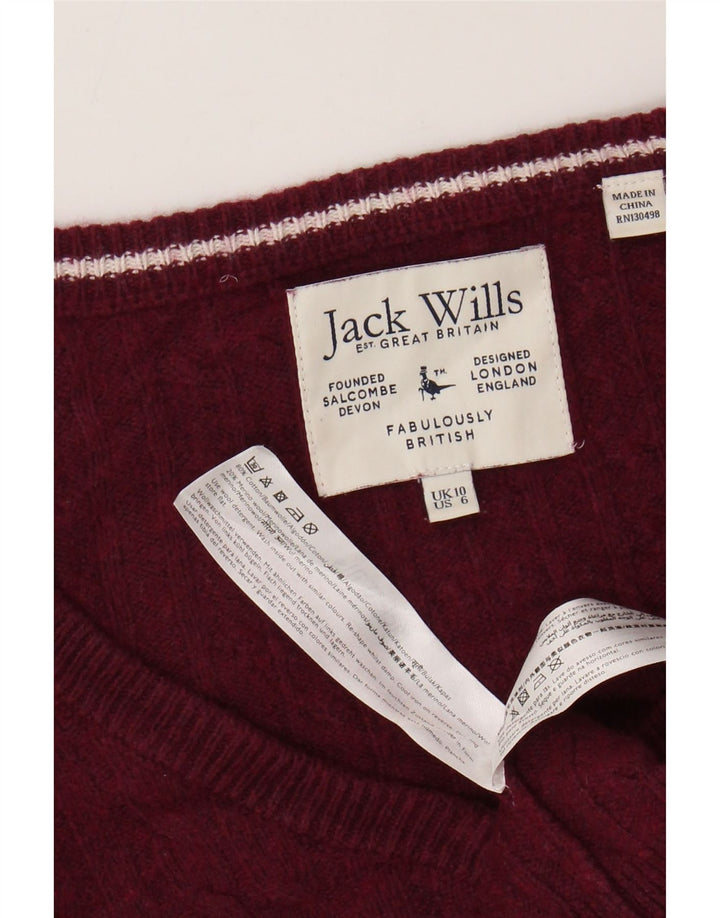 JACK WILLS – Krótki sweter damski z dekoltem w kształcie litery V, UK 10, mały, bordowy, bawełniany