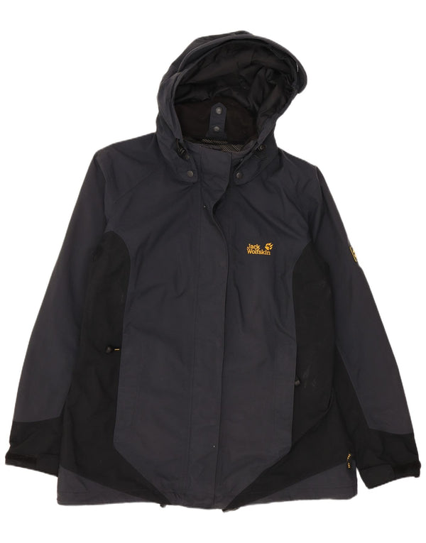 Damska kurtka wiatrówka z kapturem Jack Wolfskin UK 16, duża, szara, z blokami kolorów