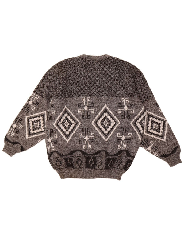 Męski sweter w stylu vintage z dekoltem w szpic, duży, szary, geometryczny akryl