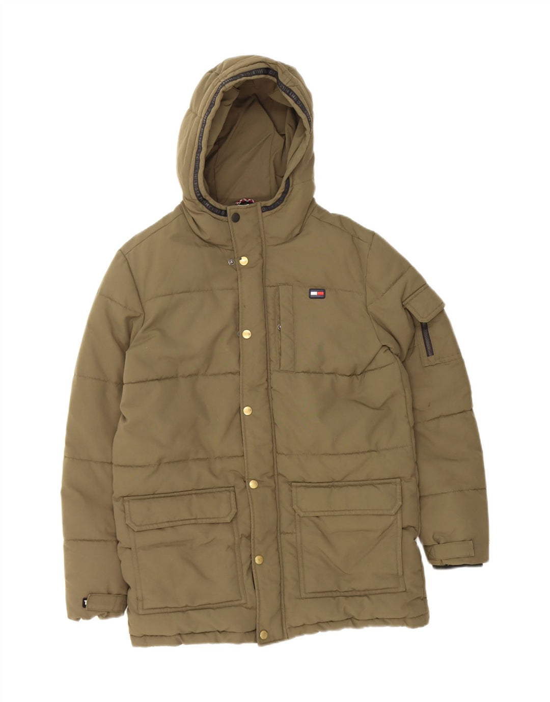 TOMMY HILFIGER Boys Hooded Padded Jacket 13-14 Years Khaki Polyamide Vintage Tommy Hilfiger and Second-Hand Tommy Hilfiger from Messina Hembry 