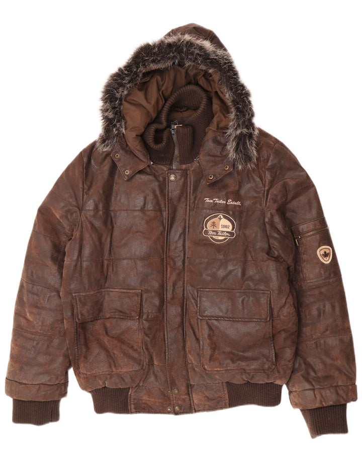 Męska skórzana kurtka Tom Tailor z kapturem, UK 38, średnia brązowa skóra