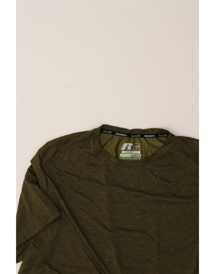 RUSSELL ATHLETIC Mens T-Shirt Top Large Khaki Polyester Vintage Russell Athletic and Second-Hand Russell Athletic from Messina Hembry 
